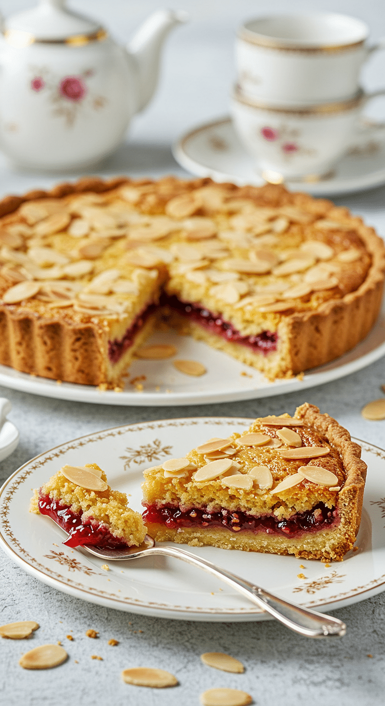 Tarte Bakewell dorée aux amandes effilées confiture framboises visible en coupe