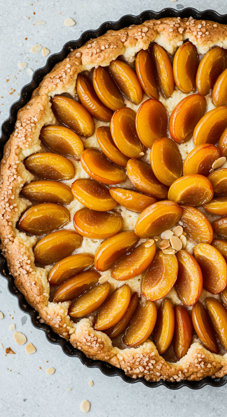 Tarte mirabelles sans crème dorée avec fruits disposés en cercles parfaits