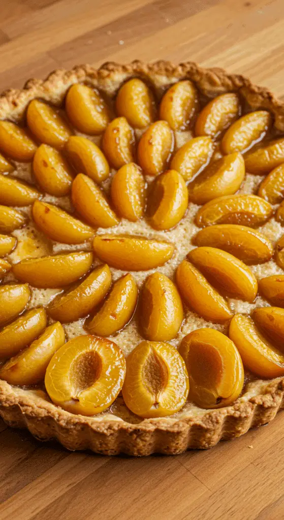 Tarte aux mirabelles simplissime dorée sur table rustique