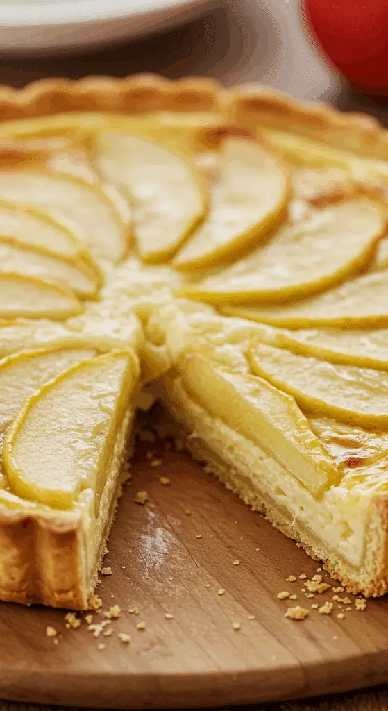 Tarte pommes ultra crémeuse texture fondante part découpée surface dorée