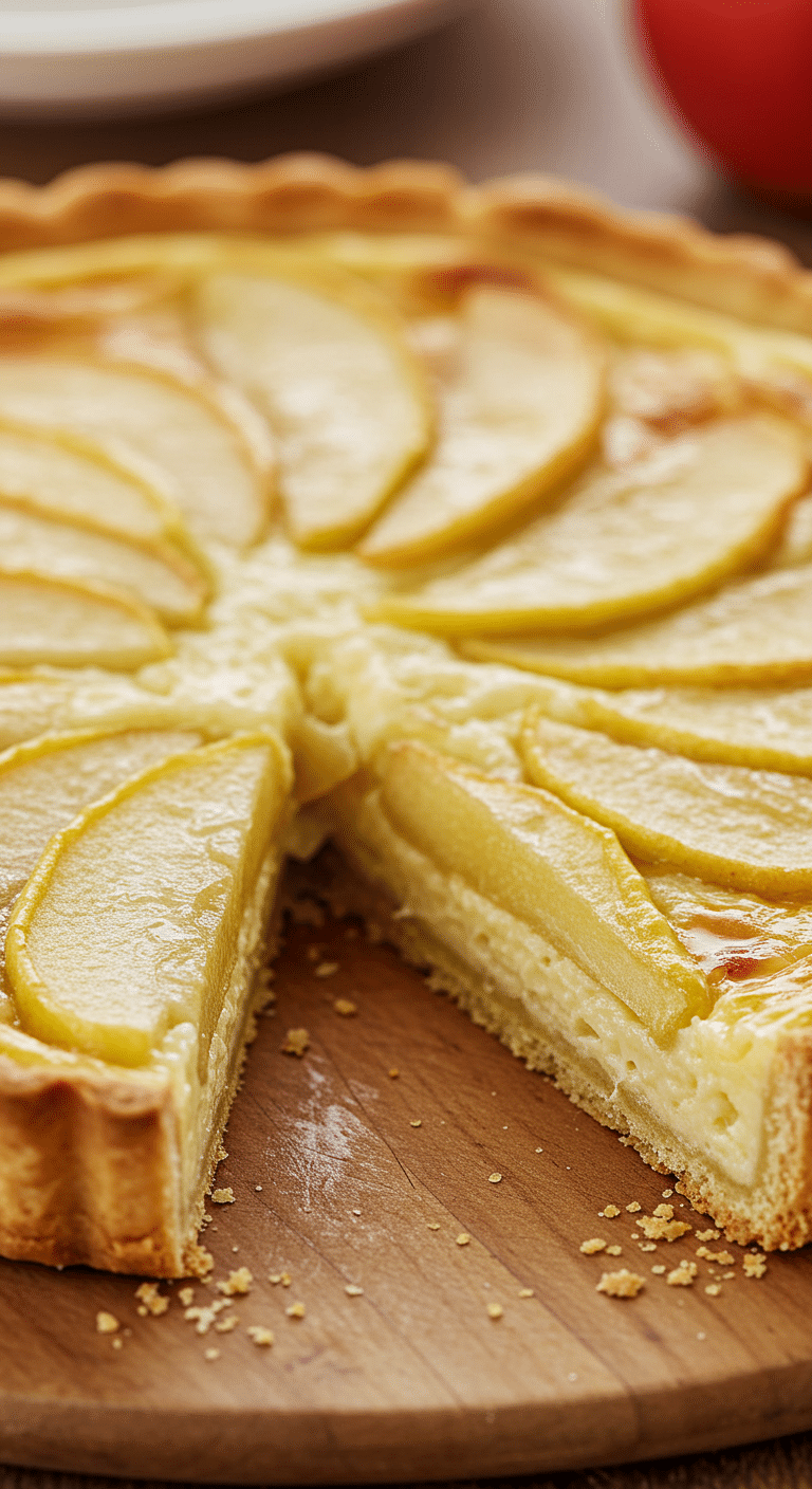 Tarte pommes ultra crémeuse texture fondante part découpée surface dorée