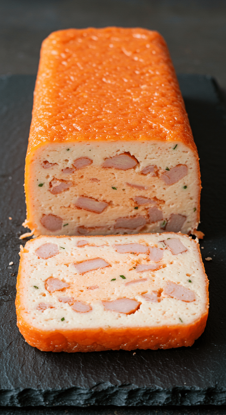 Terrine de surimi tranchée assiette blanche couleur rose pâle herbes fraîches
