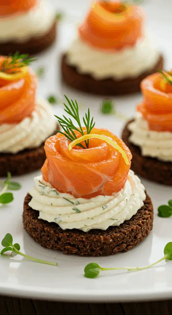 Toasts à la crème de saumon fumé élégants sur ardoise noire aneth frais