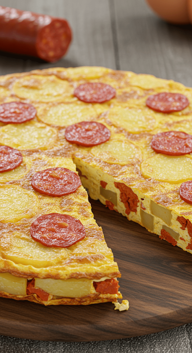 Tortilla espagnole chorizo pommes terre dorée poêle fonte part découpée