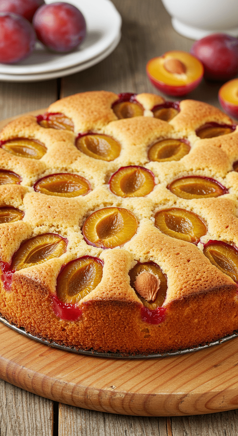 Tôt-fait aux mirabelles doré saupoudré sucre glace sur table rustique
