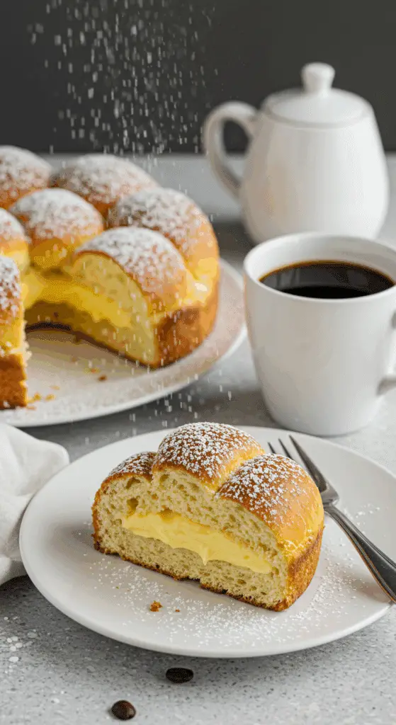 Tranche brioche fourrée crème pâtissière service élégant café