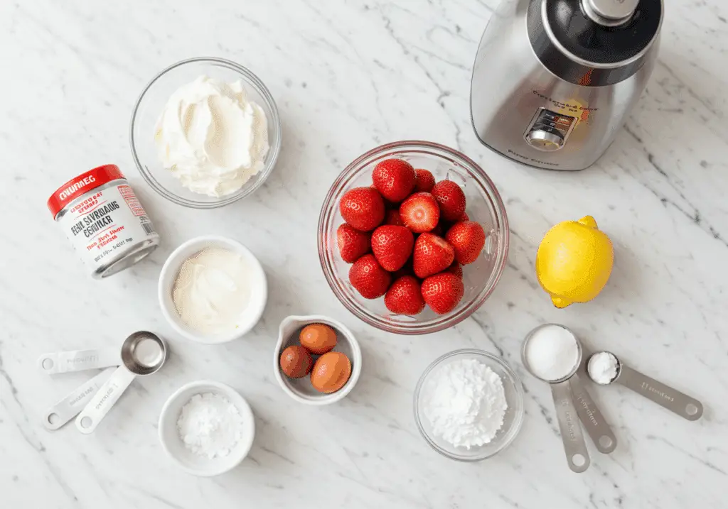 Ingrédients pour glace à la fraise sans sorbetière disposés artistiquement