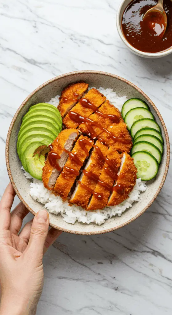 Assemblage du bol de poulet katsu avec avocat et concombre