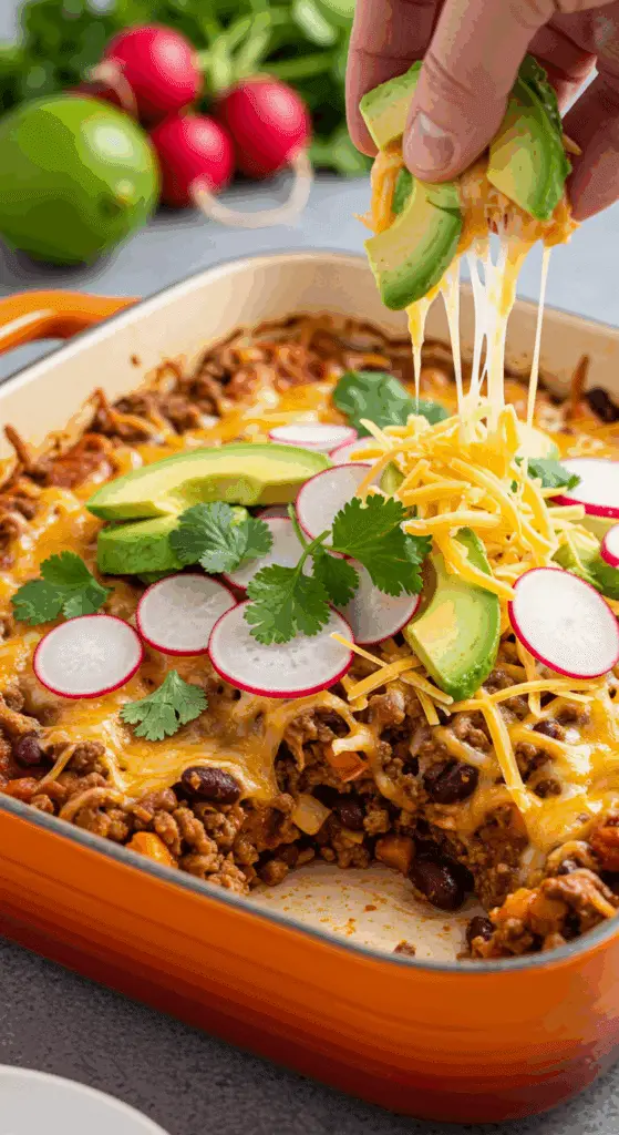Assemblage final casserole mexicaine express avec garnitures fraîches colorées