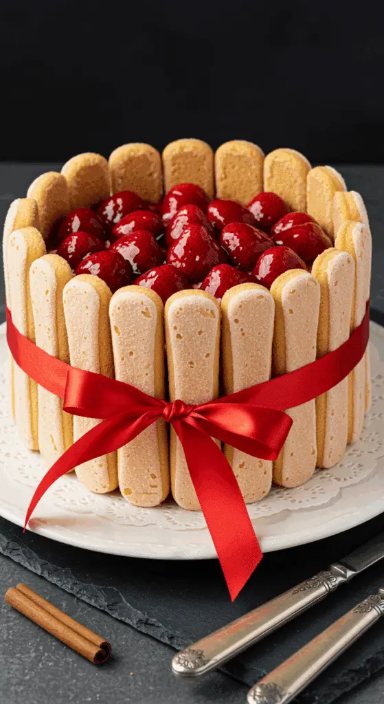 Assemblage charlotte fraises avec biscuits cuillère et crème couches