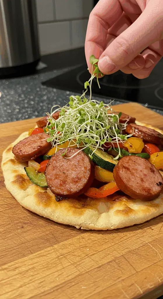 Assemblage du naan aux saucisses italiennes et légumes étape par étape