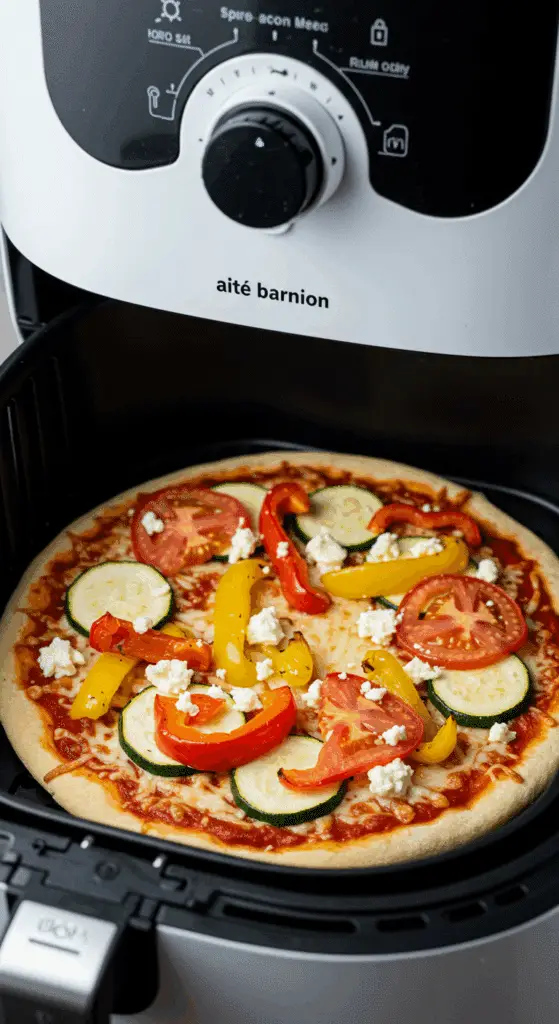 Assemblage de la pizza aux légumes dans panier de friteuse à air