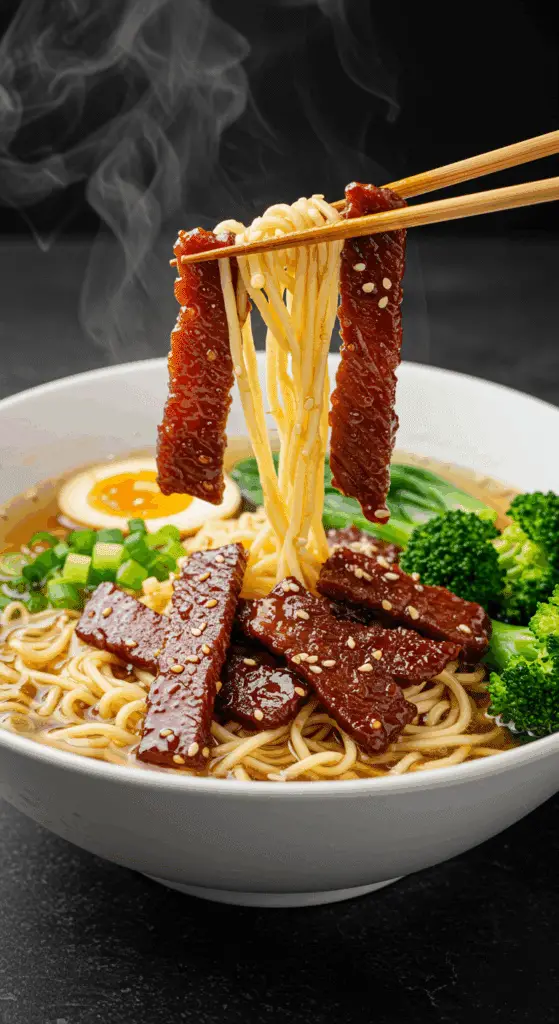 Assemblage artistique de la soupe ramen avec jerky de bœuf teriyaki