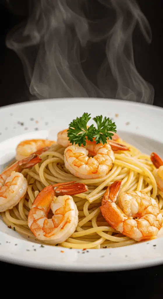 Mélange des spaghettis aux crevettes dans la poêle technique italienne