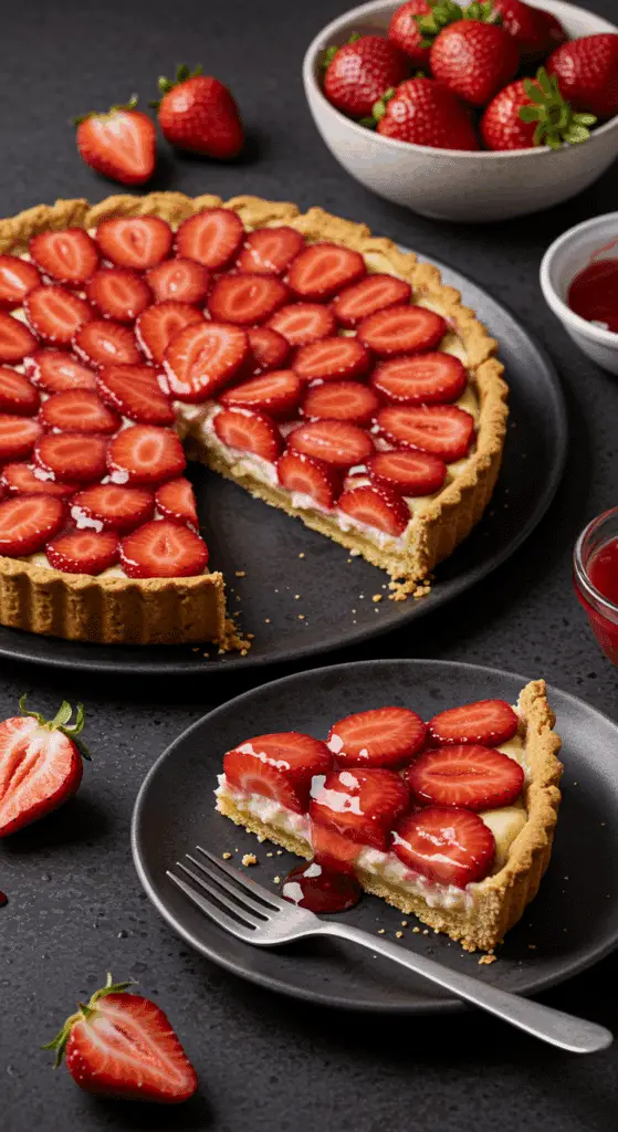 Assemblage final de la tarte aux fraises avec crème et fruits