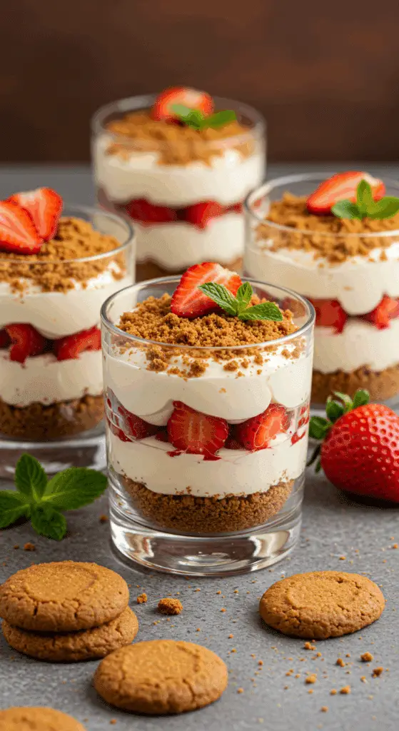 Assemblage verrines dessert spéculoos-fraises couches successives