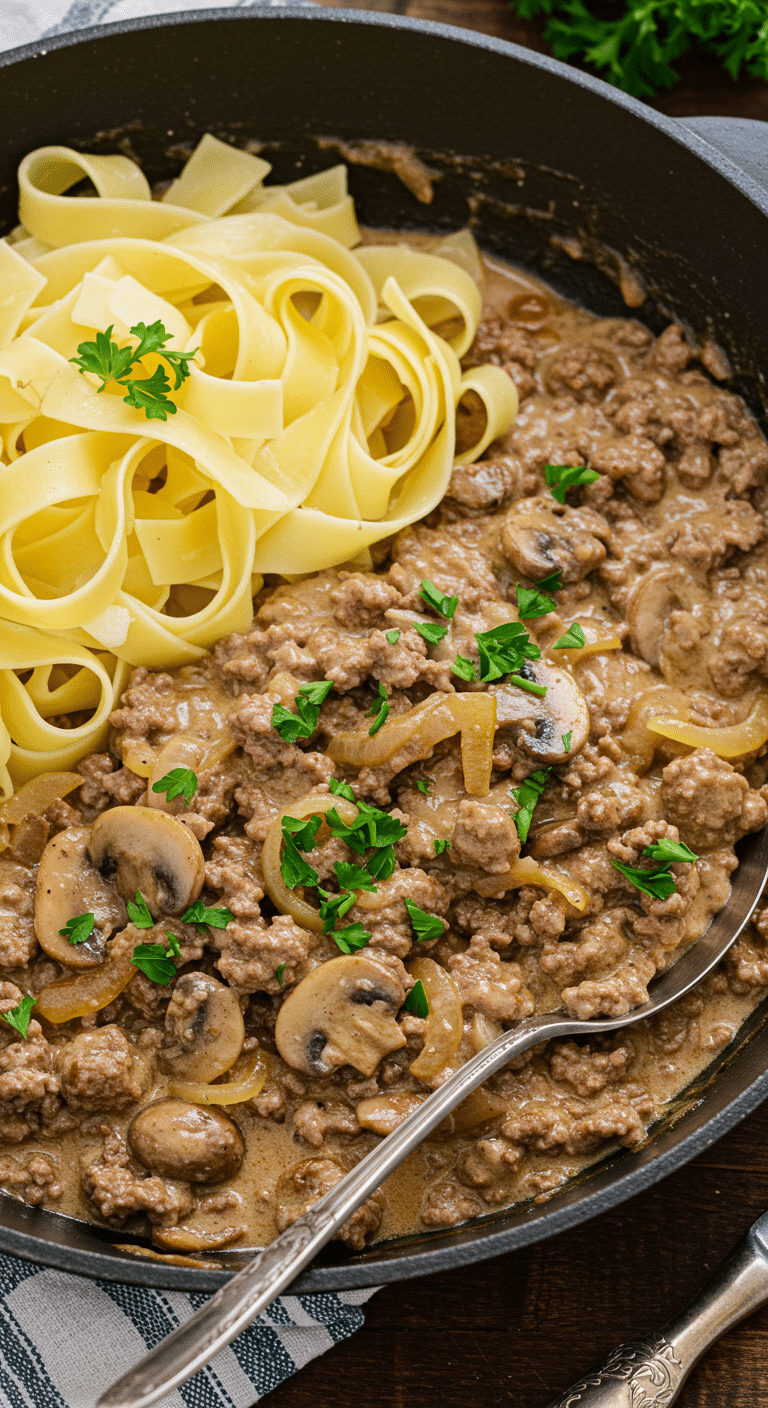 Bœuf haché stroganoff crémeux nouilles aux œufs réconfortant