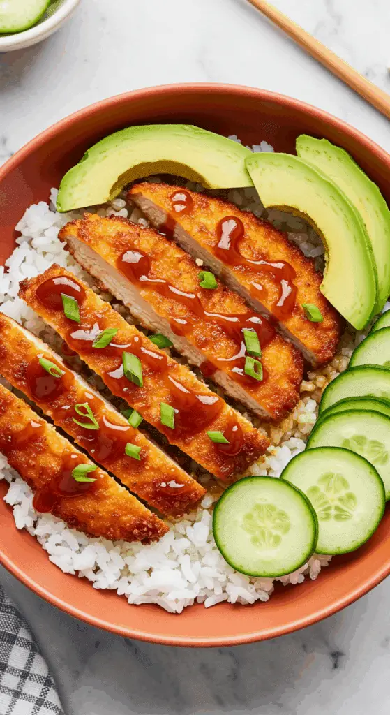 Bol de poulet katsu avec avocat concombre et sauce sur riz blanc