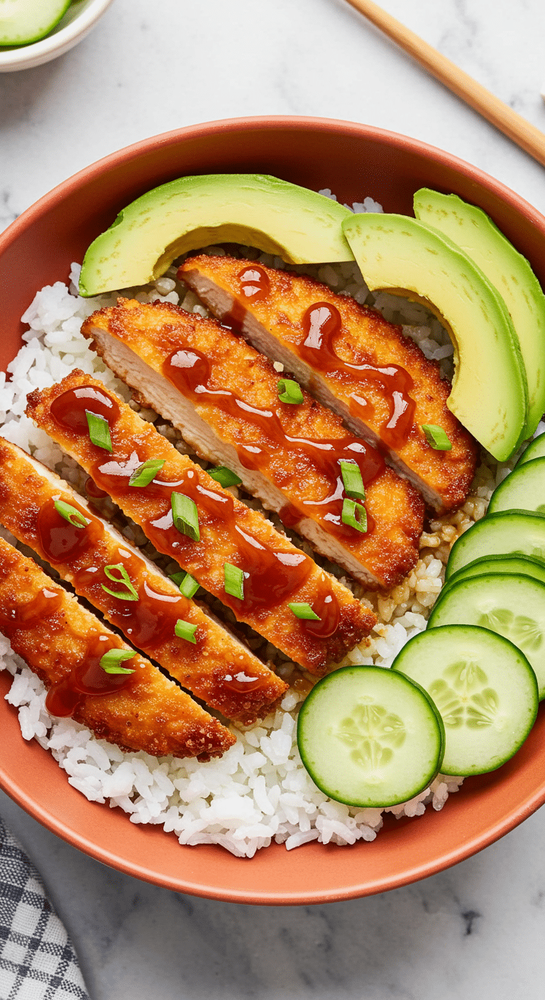 Bol de poulet katsu avec avocat concombre et sauce sur riz blanc
