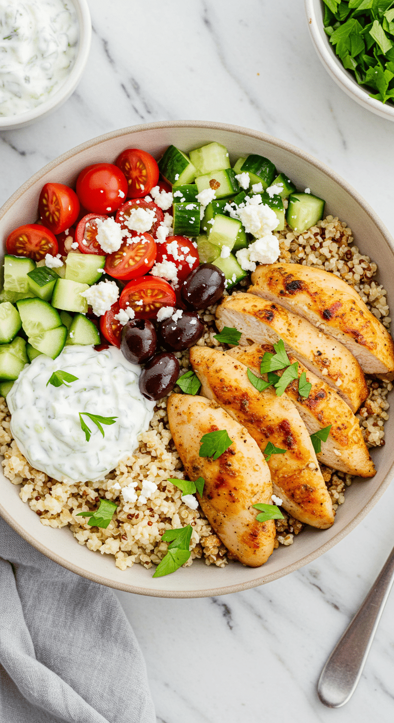 Bol de poulet santé style méditerranéen coloré avec quinoa et légumes