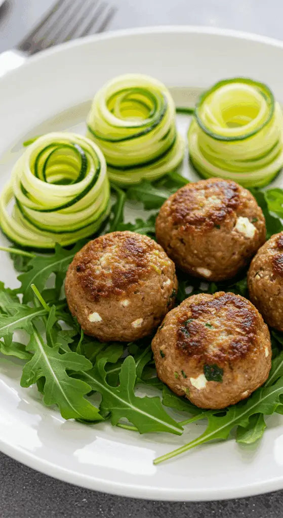 Boulettes de viande à la menthe et au feta dorées avec garniture de menthe fraîche