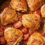 Casserole de hauts de cuisses poulet et tomates dans poêle en fonte