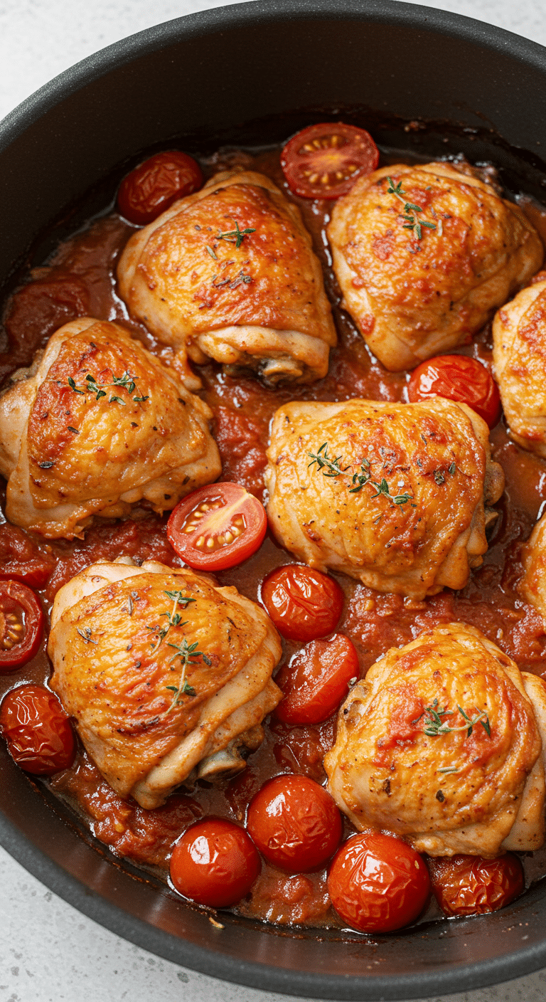 Casserole de hauts de cuisses poulet et tomates dans poêle en fonte