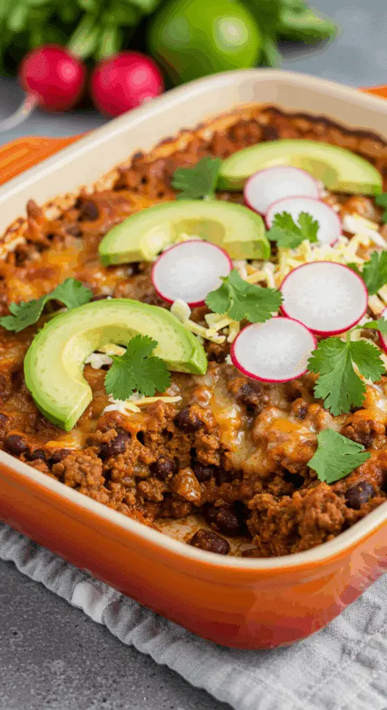 Casserole mexicaine express toute garnie avec fromage fondu et garnitures colorées