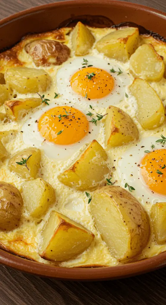 Casserole d'œufs et pommes de terre dans poêle avec œufs miroir parfaits