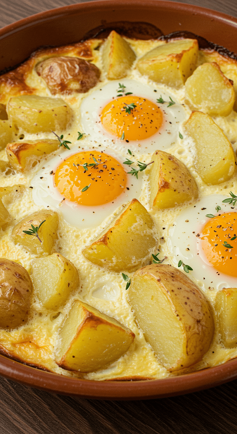 Casserole d'œufs et pommes de terre dans poêle avec œufs miroir parfaits