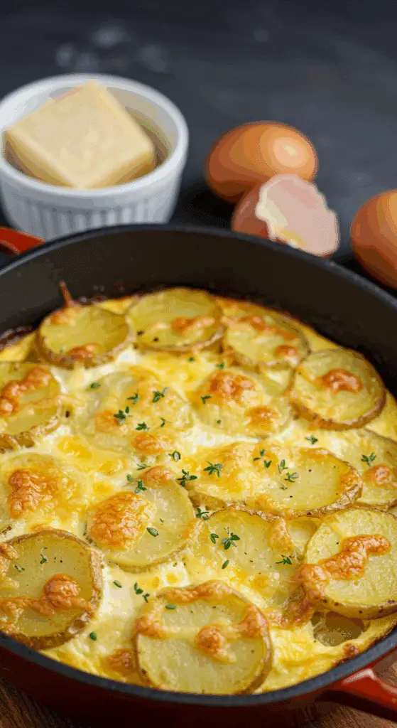 Œufs miroir cuisant dans mélange pommes de terre légumes sous couvercle