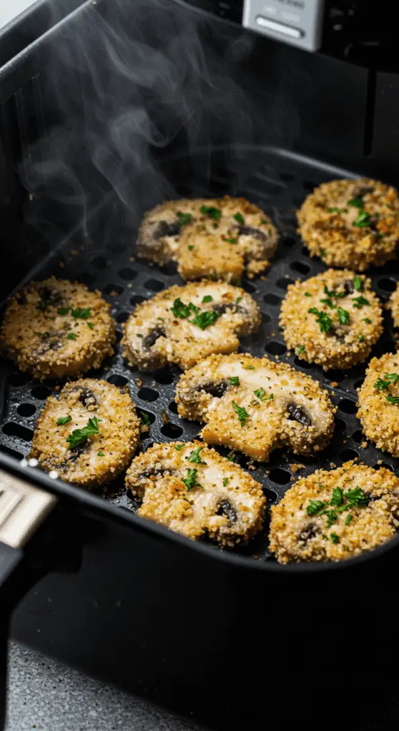 Champignons en cours de cuisson dans friteuse à air