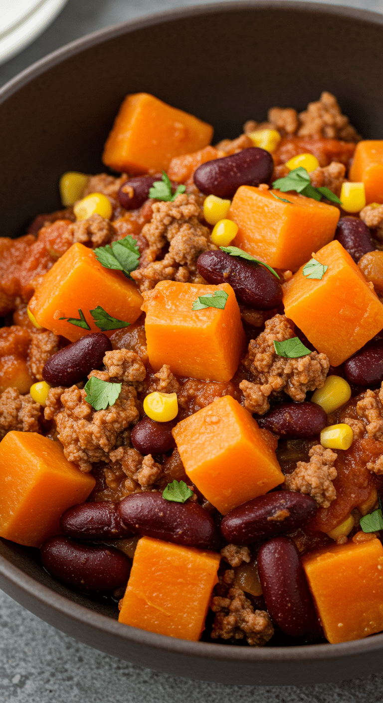 Chili patate douce et porc haché à la mijoteuse dans bols rustiques avec garnitures