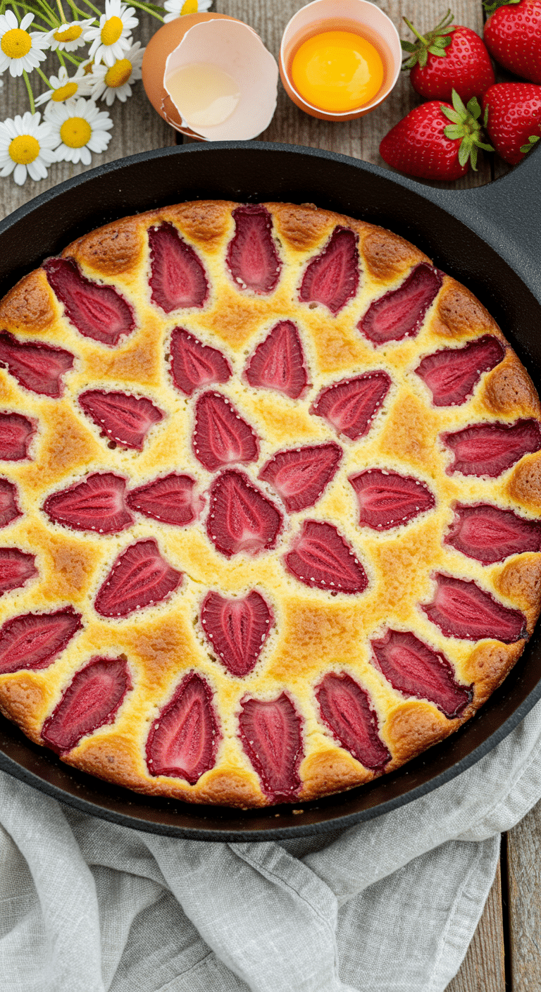 Clafoutis aux fraises traditionnel français parfaitement doré dans moule céramique
