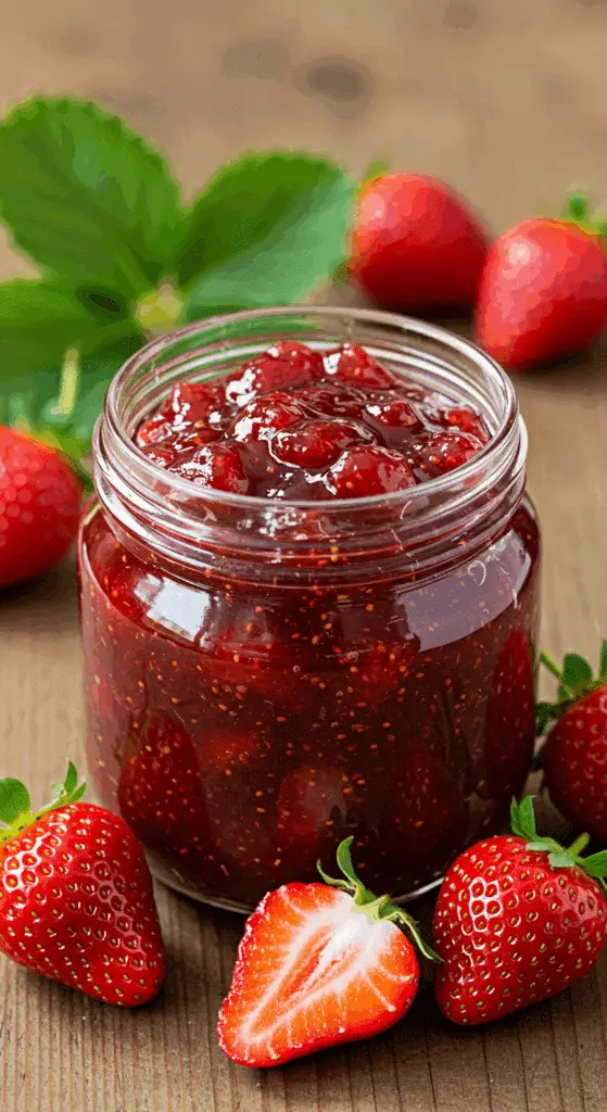 Confiture de fraises traditionnelle dans pots verre avec bassine cuivre