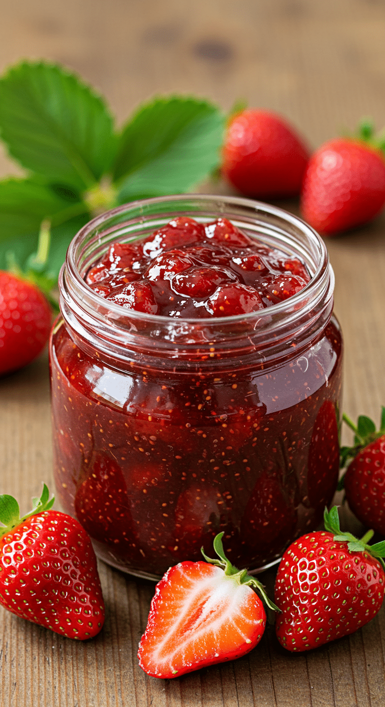 Confiture de fraises traditionnelle dans pots verre avec bassine cuivre