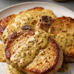 Côtelettes de porc glacées à la moutarde avec sauce brillante dorée présentation française