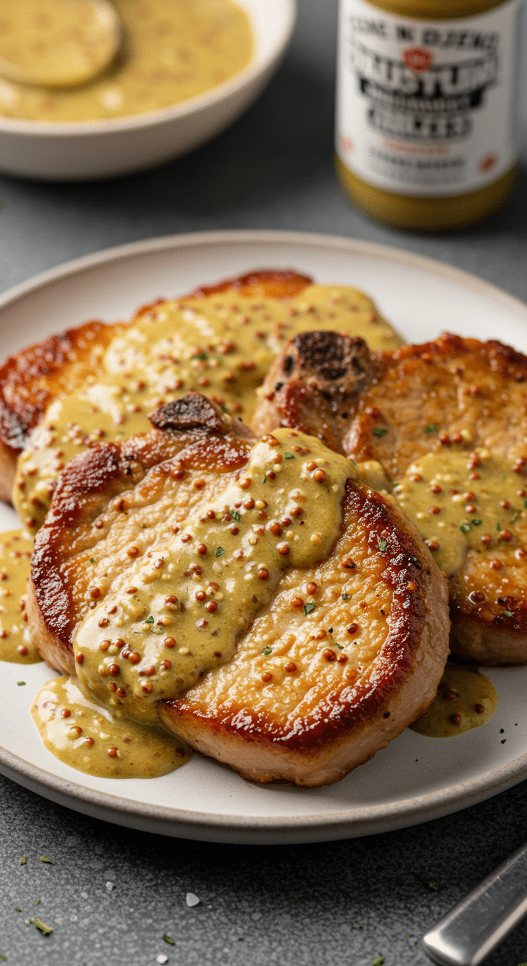 Côtelettes de porc glacées à la moutarde avec sauce brillante dorée présentation française