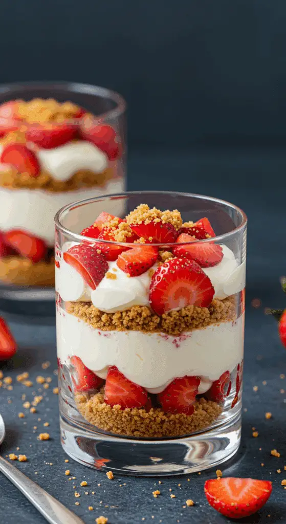 Coupe aux fraises mascarpone élégante dans verres transparents avec couches