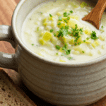 Crème de poireaux et pommes de terre veloutée dans un bol blanc élégant
