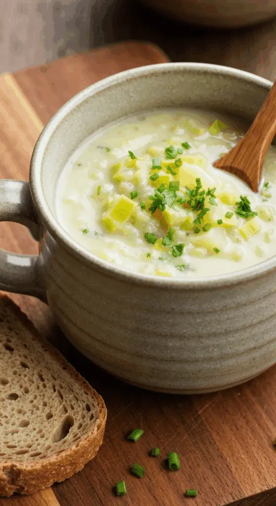 Crème de poireaux et pommes de terre veloutée dans un bol blanc élégant