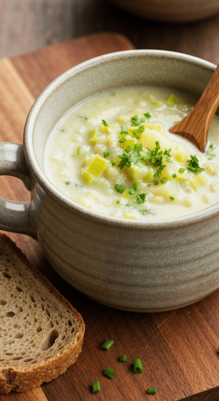 Crème de poireaux et pommes de terre veloutée dans un bol blanc élégant