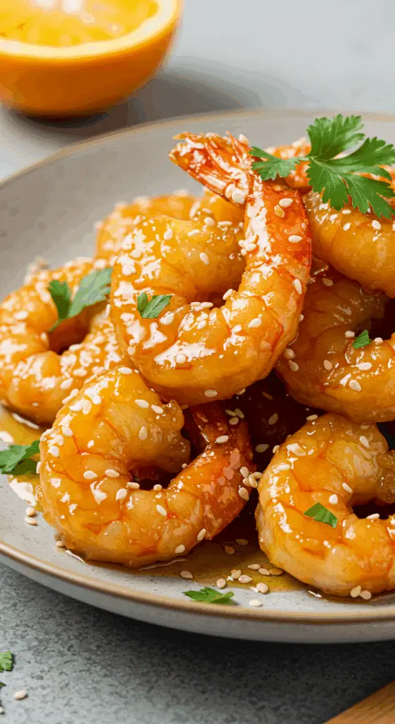 Crevettes croustillantes à l'orange et au miel avec glaçage brillant doré