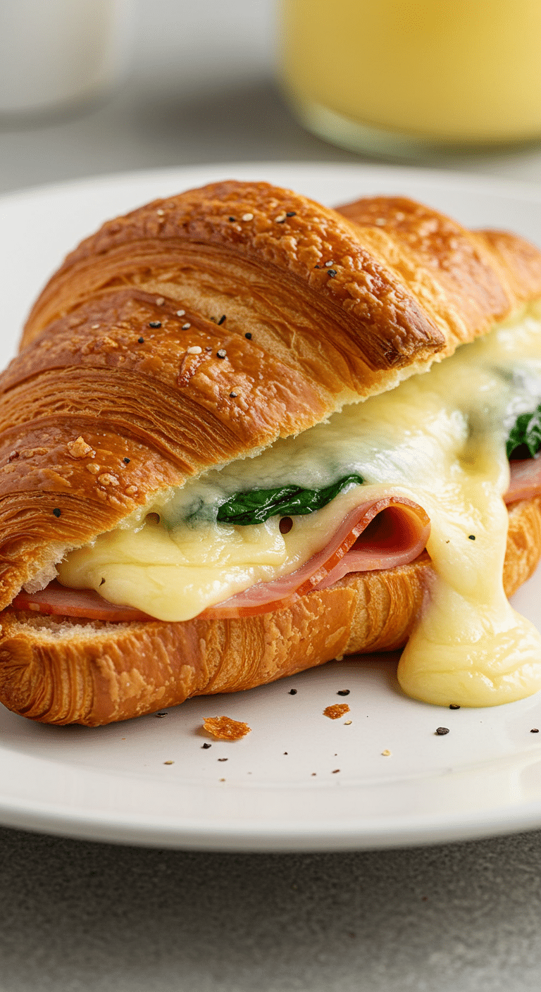 Croissant déjeuner gratiné jambon havarti doré avec fromage fondu