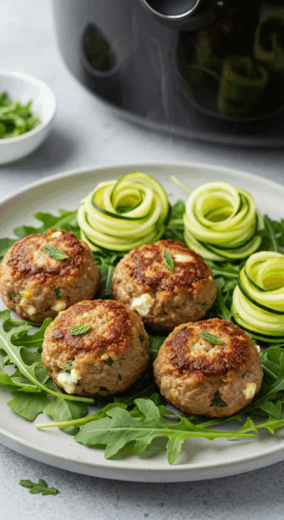 Boulettes de viande menthe feta en cuisson dans friteuse à air