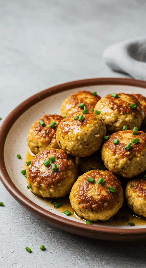 Boulettes au poulet dorées sur plaque de cuisson sortant du four