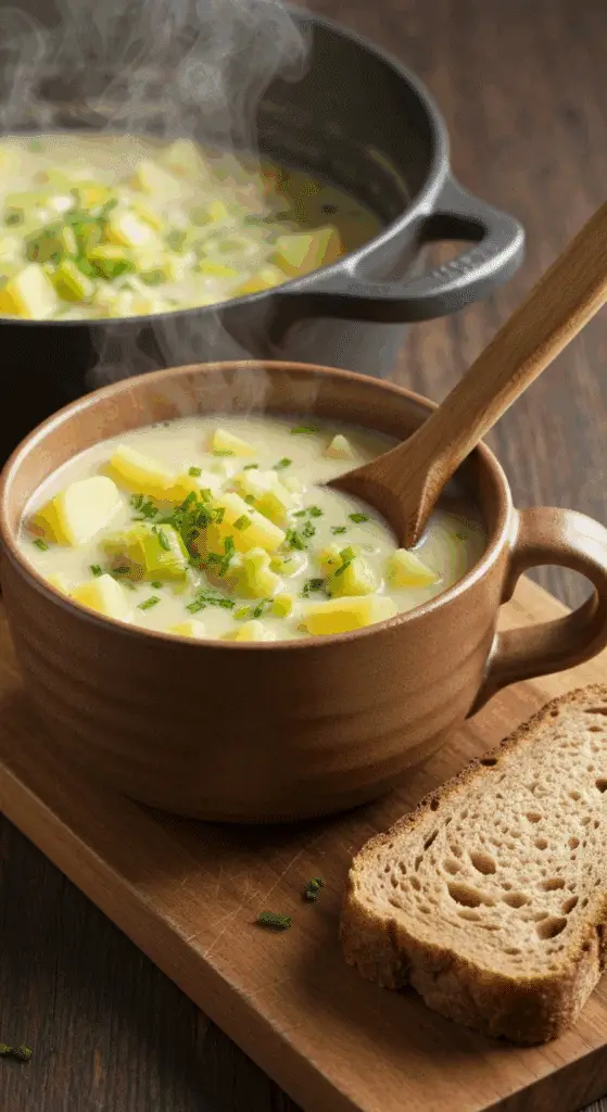 Cuisson de la crème de poireaux et pommes de terre dans une casserole