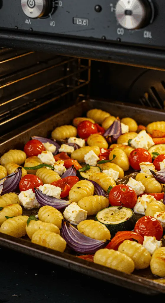 Gnocchis au feta et légumes en cours de cuisson dorée au four