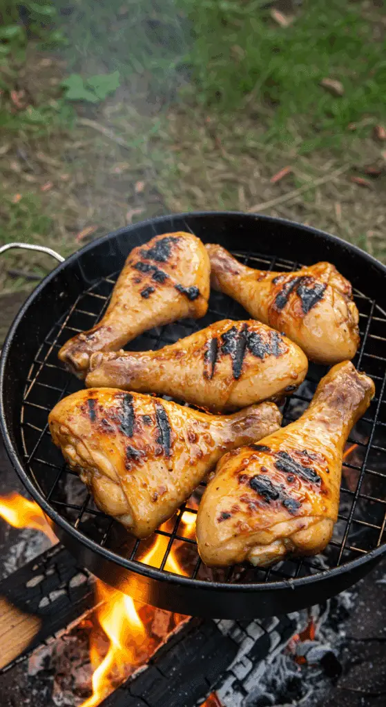 Pilons de poulet soya-citron en cuisson sur braises de feu de camp
