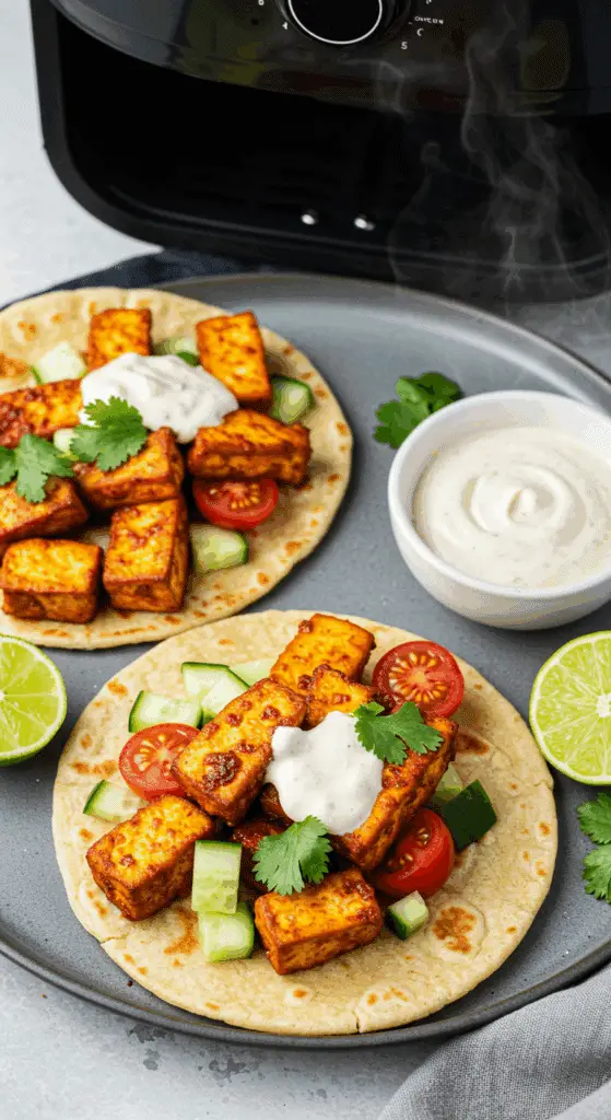Cuisson tofu Tandoori doré dans friteuse à air avec épices caramélisées